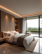 © miss irine - Modern bedroom with large bed, white linens, wooden wall, spacious terrace overlooking green landscape. Soft warm light accents ceiling, shelves. Minimalist interior design creates calm atmosphere