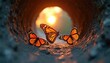 © miss irine - Three monarch butterflies emerge from dark tunnel into bright sunset light. Insects fly towards sun, symbolizing new life, hope, and transformation. Orange wings glow in golden hour.