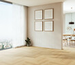 © leymandesign - Modern interior design of apartment, kitchen, dining room with table and chairs, empty living room with four empty square frames, panorama. 3d Rendering