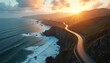 © miss irine - Winding coastal road meets ocean cliffs. Golden hour sun beams onto green hills and blue sea waves crash below. Scenic drive along rugged terrain during warm light.