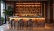 © miss irine - Modern bar with backlit marble counter, extensive wine bottle shelves. Interior features plush seating, elegant lighting, large windows offering natural light, creating luxurious atmosphere for