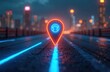 © miss irine - Neon location marker with steering wheel symbol hovers above wet asphalt road. City skyline and blurred lights form backdrop at night. Futuristic navigation concept.