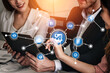 © InfiniteFlow - Business professionals engage in collaboration, analyzing digital graphs and data analytics in a modern office, emphasizing teamwork and technological connectivity. Tessel