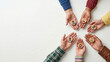 © Naret - Diverse hands holding wooden tokens with avatar icons symbolizing community inclusion and teamwork, warm collaborative emotion