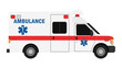© Ramen - An ambulance with red lights and blue star of life symbols is driving down the road.
