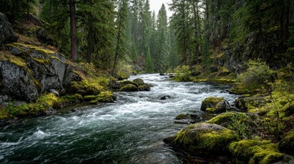  A winding river flowing through a lush forest of tall green trees and moss-covered rocks. Fog subtly hangs in the air