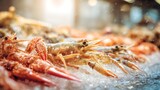 Fresh crustaceans rest upon a bed of crushed ice under bright illumination