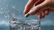 © Jenjira - Hand drops capsule into glass of water, creating splashes and bubbles, symbolizing hydration and effervescence