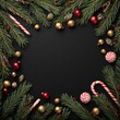 © morepiixel - A festive arrangement of green pine branches, ornaments, and candy canes on a dark background, creating a holiday-themed frame.