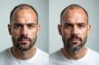 © Vadym - Man with thinning hair on left side compared to fuller hair on right. Male shows contrast before and after hair treatment. He has beard stubble, serious look.