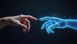 © Vadym - Human hand reaches out to digital AI wireframe hand. Symbolizing connection between people and artificial intelligence. Future tech cooperation digital age.