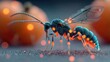 © Mahi - Neon parasitic wasp injecting egg into caterpillar on peach surface, glowing macro scene showing insect interaction in surreal stylized lighting
