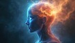 © Pete - Human head profile superimposed on cosmic nebula background. Fiery energy erupts from head, stars fill skin. Abstract concept of consciousness, mind power, and universe.