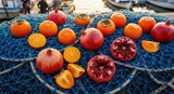 Colorful Pomegranates and Persimmons on Blue Fishing Net with Boats in Sunny Harbor