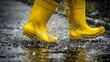 © LU - footwear. Yellow boots playfully splashing in a rain puddle, capturing the joy of a rainy day. lifestyle magazines, social media lookbooks, designed for influencer and brand collaborations.