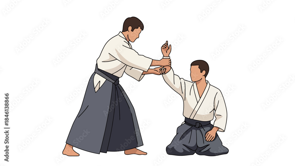 Martial arts training scene with two practitioners practicing traditional techniques