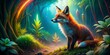 © kanda - A Majestic Red Fox Rests Serene in a Mystical, Luminous Forest, Bathed in the Soft Glow of an Enchanting Rainbow Arc