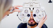 © peopleimages.com - Optometrist, client or man with machine for eye exam, vision test or determine prescription for clear sight. Assessment, optometry or people with lens selection on phoropter, consultation or portrait