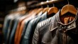 © keks20034 - Leather jackets hanging on wooden hangers in warm boutique lighting