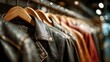 © keks20034 - Leather jackets hanging on wooden hangers in warm boutique lighting