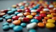 © Pete - Various colorful pills, capsules scattered across dark surface. Medical treatment assortment includes round tablets, oblong capsules for pain relief or illness. Different health care items, medicines.