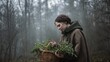 © Sergey - slavic folk healer in early spring forest, collecting fresh herbs, soft mist, calm renewal atmosphere, natural colors, historical authenticity