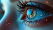 © Pete - Close up of woman eye reflecting modern city and digital network. Futuristic vision with glowing lights in iris. Represents AI and tech progress.