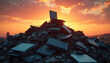 © Pete - Discarded laptops and tablets heap up against vibrant sunset sky. Electronic waste pile shows obsolete tech gadgets on dump site. Digital detritus lit by orange sunglow.