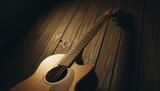 A classic acoustic guitar rests against a rustic dark wood background under dramatic spotlight. This vintage string instrument evokes a soulful, moody, and nostalgic music concept.