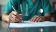 © Pete - Medical professional in scrubs with stethoscope reviews paperwork and signs document. Doctor assists patient with insurance forms at clinic desk. Healthcare administrative task.