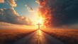 © Pete - Road leads to Christian cross under dramatic sky with fire clouds and bright sun. Vast dry grass field surrounds path. Symbolic concept of spiritual journey choice.