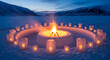 © sorariku - Illuminated Bonfire and Lanterns on a Frozen Snowy Plain at Twilight, with Distant Mountains in a Cold Arctic Landscape.