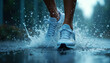 © Pete - Close up of white running shoes splashing through puddles on wet city street during rain. Athlete trains actively despite bad weather conditions, showing determination. Feet move fast, water droplets