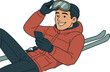 © Natallia - A smiling male skier rests on the snow, taking a break while texting on his phone, confident and satisfied, wearing a red winter jacket, removing his ski goggles, and lying down on the slope