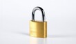 © Nidae - “Brass padlock with shiny metallic shackle standing upright on white surface against plain white background”