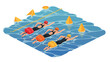 © Santiago - Competitive swimming race featuring three athletes in isometric style with water and buoys