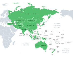  Asia-Pacific, or the Indo-Pacific, political map. Countries and territories of a major geopolitical and economic region of the world, adjoining the western Pacific Ocean, highlighted in green. Vector