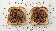© Valen - Two slices of bread with cocoa jam and topped with chocolate sprinkles, placed on a blank white backdrop. Loose sprinkles are scattered around the bread.