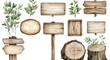 © Edgar Martirosyan - watercolor wooden signboards and wood slices with greenery, isolated on a transparent background