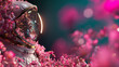 © apimagine - Pink and purple technology futuristic love alien warrior astronaut robot in a cyber suit and helmet, surrounded by flowers, love theme, fictional 3D character, generative AI.