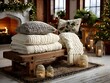 © CHAIYAPHON - Cozy interior scene showcasing a stack of soft blankets and a decorative pillow beside a warm fireplace du the Christmas holiday season.
