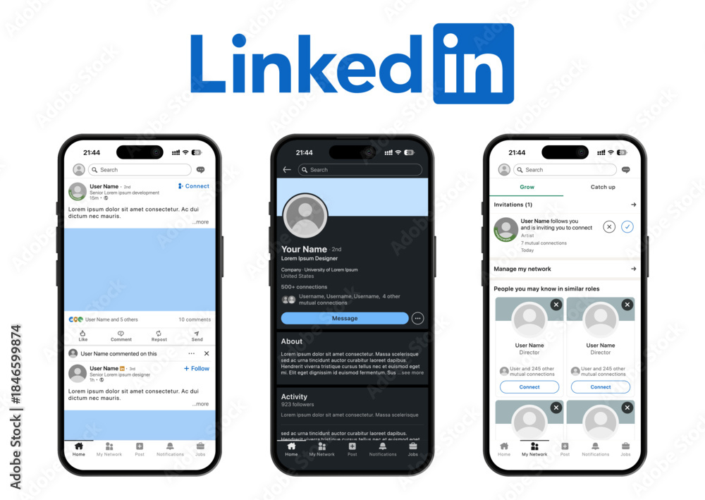Linkedin. Visual Draft LinkedIn UI mockup template in dark and light mode showing LinkedIn ...