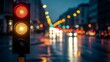© Regina - Red and Yellow Trafficlight Signal Standing Tall on a Wet Urban City Street at Night
