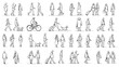 © Utpol - Set of detailed, hand-drawn black and white vector illustrations featuring diverse people in various casual activities, including walking, cycling, and with pets or luggage