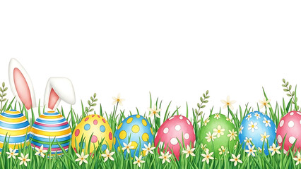  Colorful easter eggs and rabbit ears peeking out of green grass isolated on white