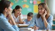 © Viktor - Two teachers talk in a classroom while young students study at desks. Adults share ideas and listen attentively. Children learn and write with concentration in bright school.