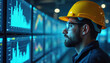 © Viktor - Man in hard hat studies digital data graphs on multiple screens. He intently watches charts on computer monitors in a control room. Visual data analysis for business progress.