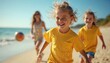 © Viktor - Kids play soccer on sunny beach. Children run with ball on sand by sea. Woman watches happy kids enjoy summer vacation day. Joyful family fun.