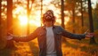 © Viktor - Man with arms outstretched in sunlit forest at dusk, embracing life with pure joy, overwhelming happiness. He feels free, energized, utterly content in nature, experiencing moment of deep bliss.