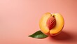 © Kerstin - ripe peach half with pit and leaves on peach pink background minimal fresh style